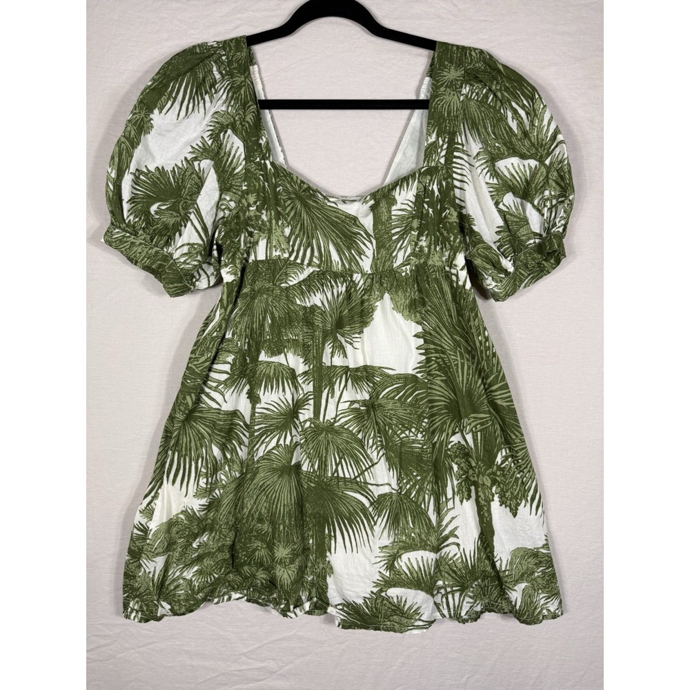 Mary Marshmallow Top Womens Small Green Palm Print Babydoll Puff Sleeve Boho